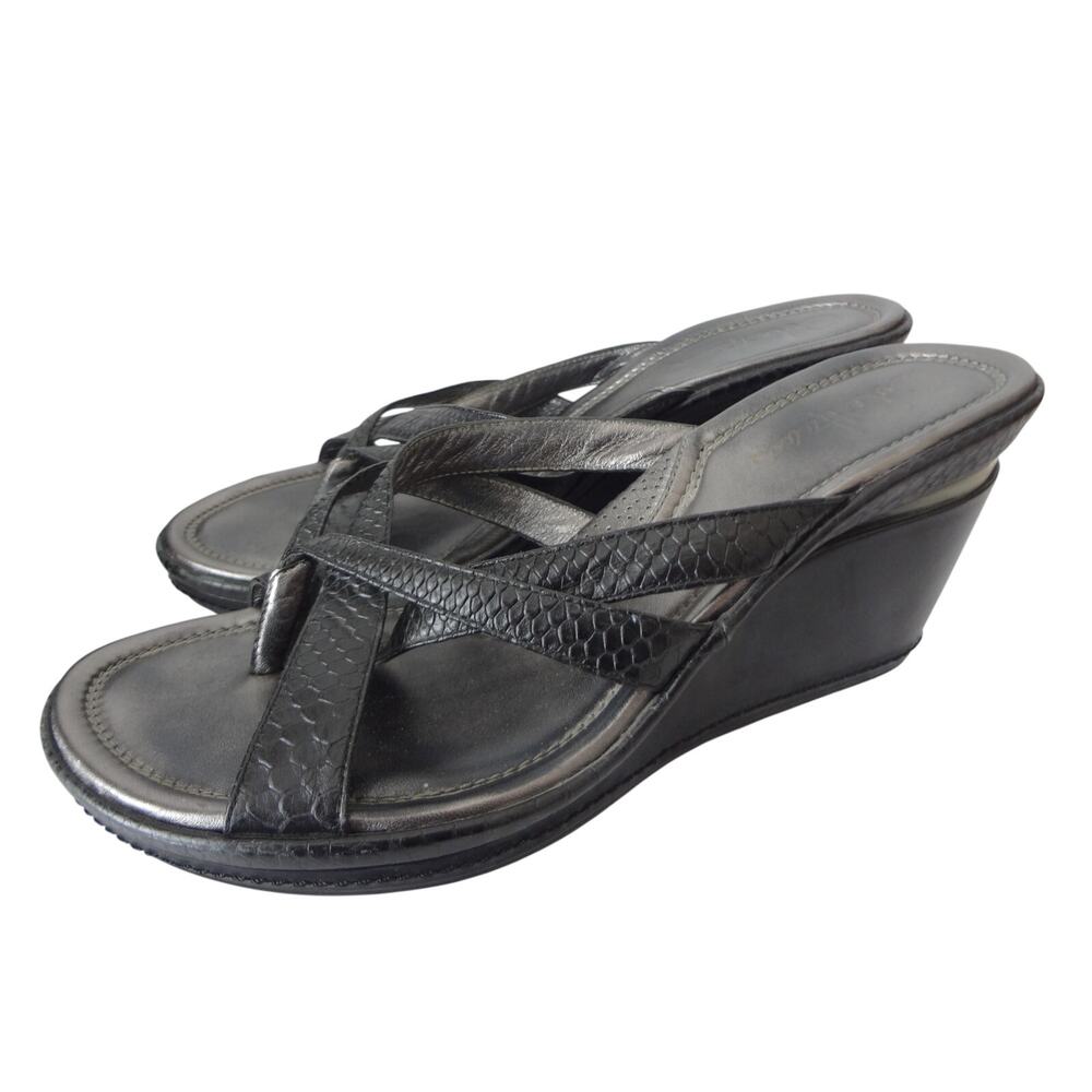 Cole Haan Black Leather Snakeskin embossed Strappy Wedge Sandals Slip on 9.5B